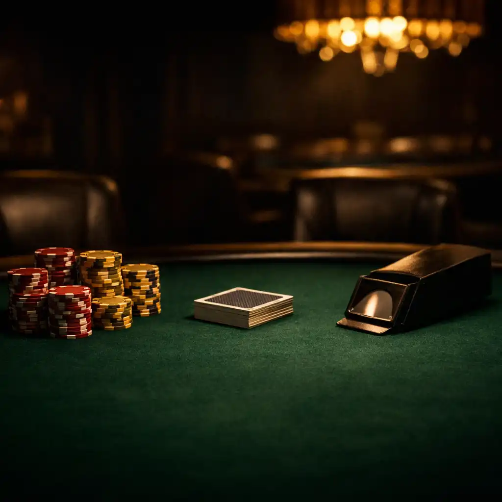 Elegancki stół pokerowy z ceramicznymi żetonami w ciemnym salonie