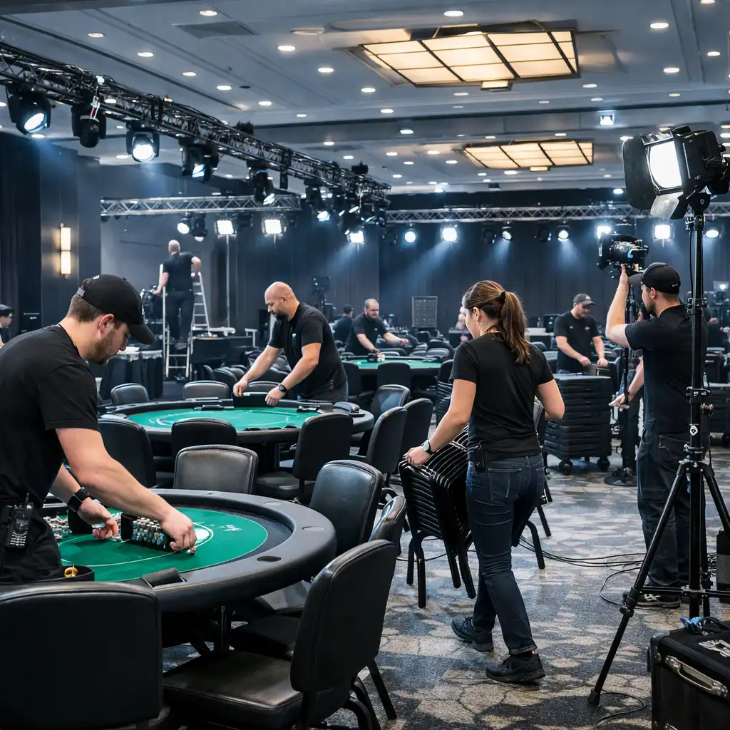 Zespół przygotowujący stoły pokerowe w sali balowej