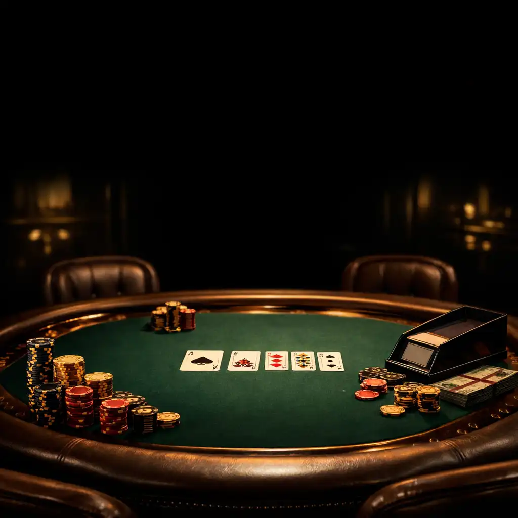 Profesjonalny stół pokerowy z żetonami w ciemnym, eleganckim wnętrzu