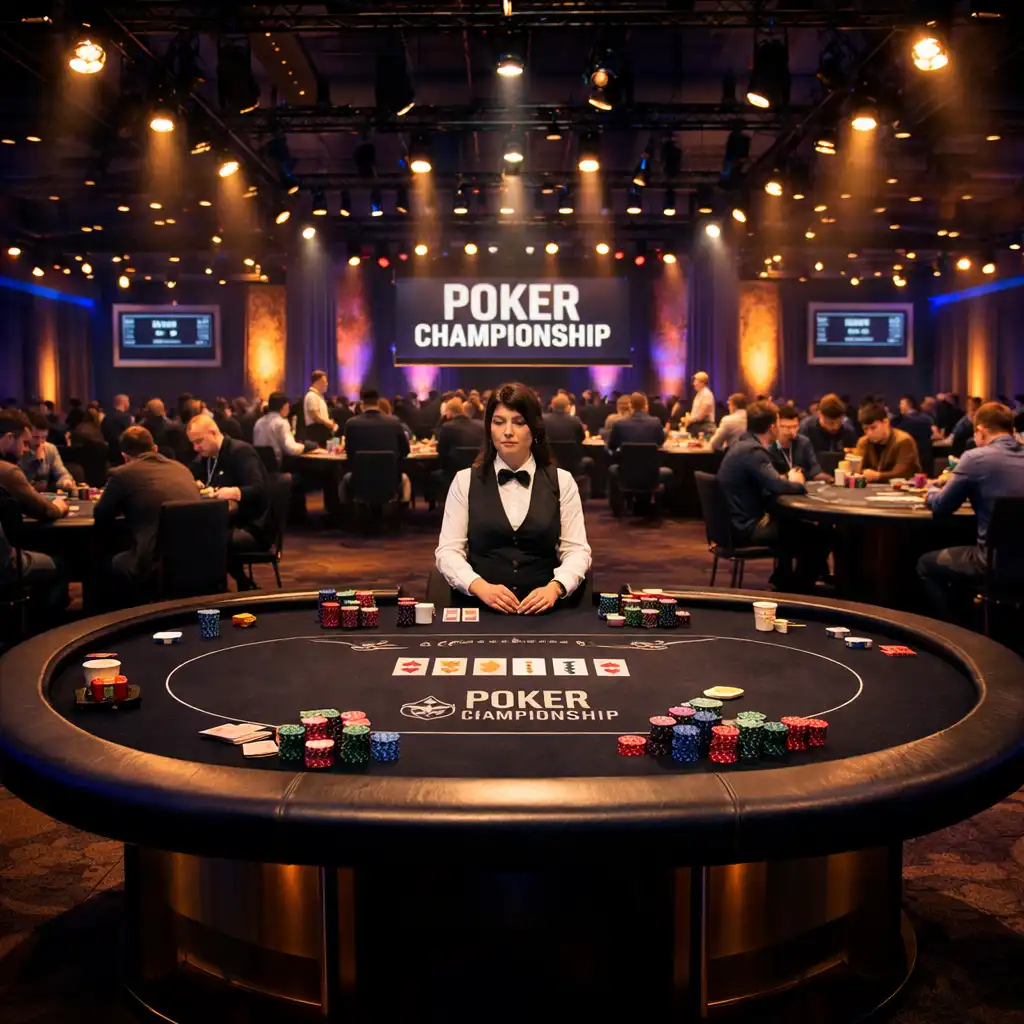 Profesjonalna konfiguracja turnieju pokerowego z rzędem stołów w nowoczesnej przestrzeni eventowej
