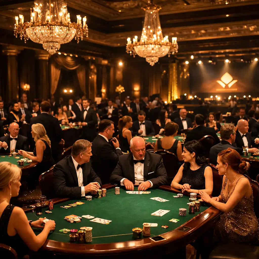 Elegancka sala bankietowa przygotowana na galę korporacyjną z profesjonalnymi stołami pokerowymi i złotymi akcentami