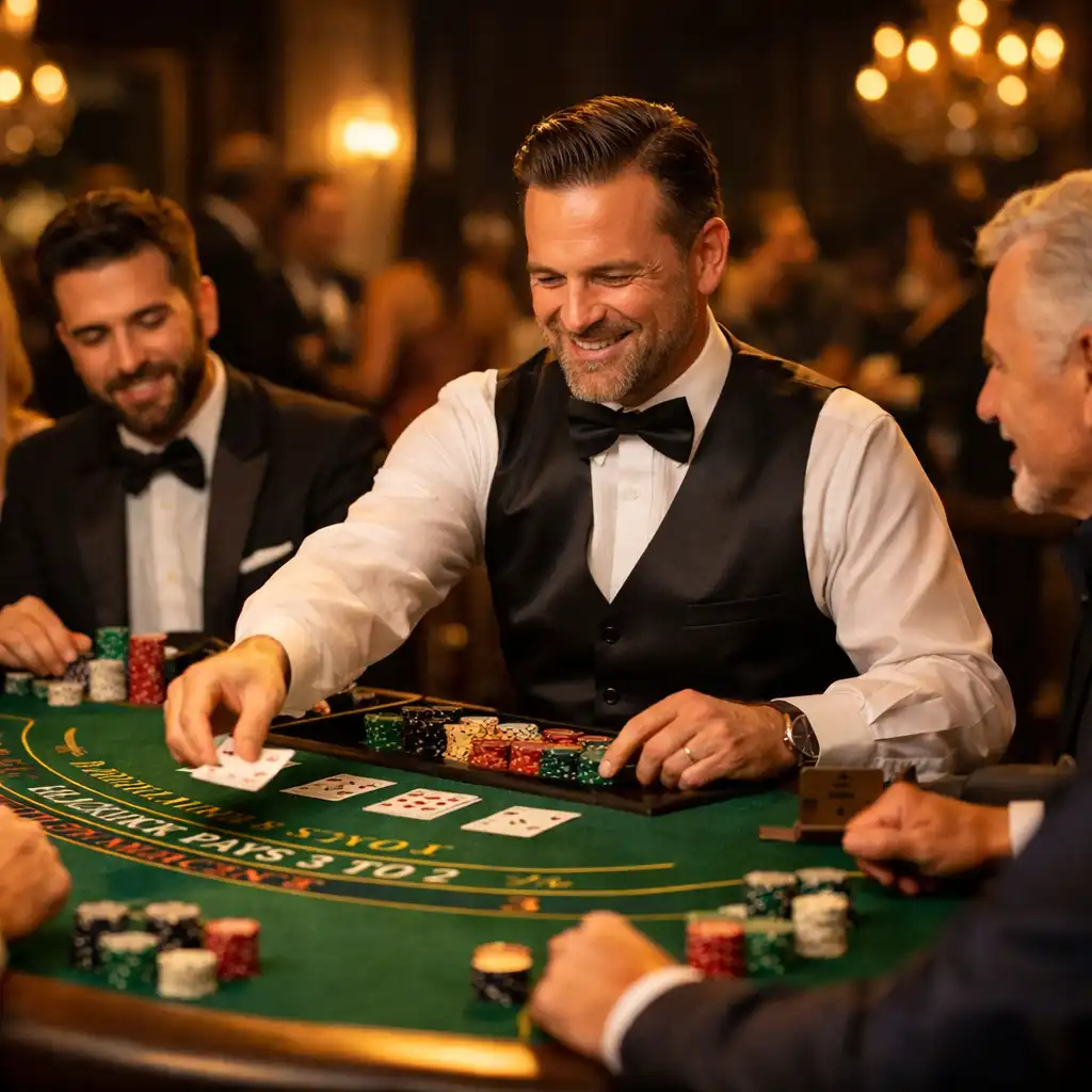 Goście w eleganckich strojach przy stołach do blackjacka, profesjonalny krupier rozdaje karty