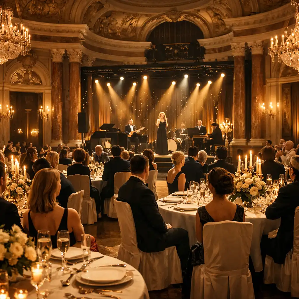 Elegancka gala w zabytkowym pałacu z okrągłymi stołami, złotymi dekoracjami i sceną